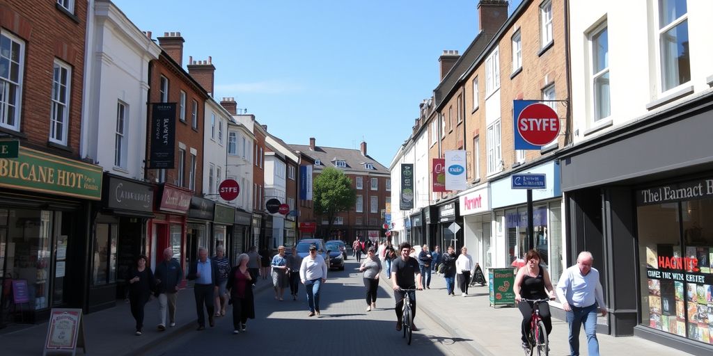 High street with local businesses and people