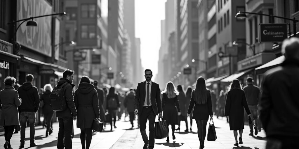 Black and white city street with people in business.